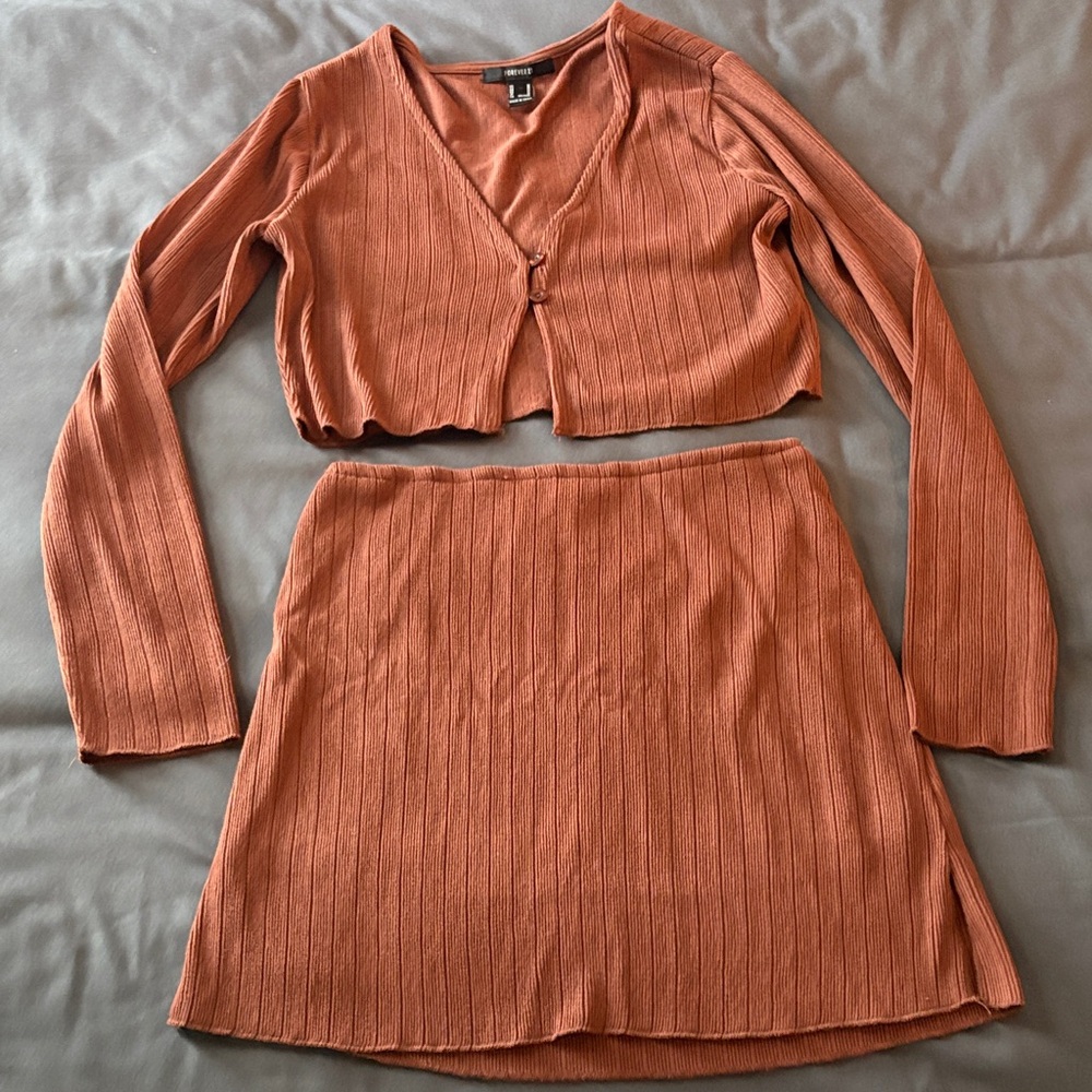 Cider Terracotta Ribbed A-Line Skirt Set